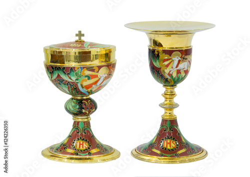 Chalice with plate and Chalice Eucharist on white background photo