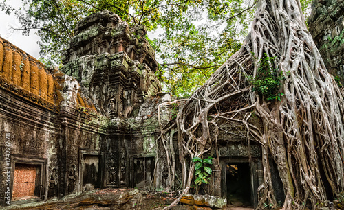 Ancient Khmer architecture. Ta Prohm temple with giant banyan tree at Angkor Wat complex, Siem Reap, Cambodia. Two images panorama photo