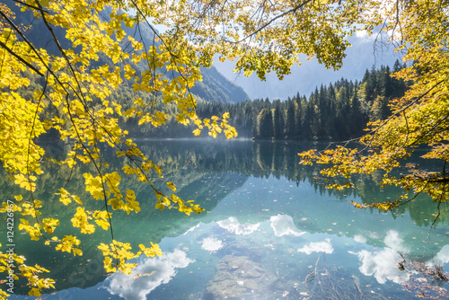 Beautiful mountain lake in autumn, laghi di fusine, italy