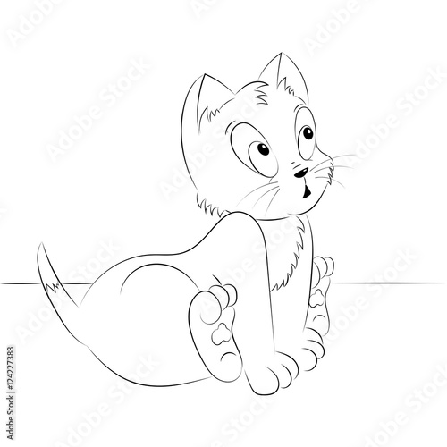Happy cute outline surprised kitten. Simple cartoon style. Page for art coloring book for kids.