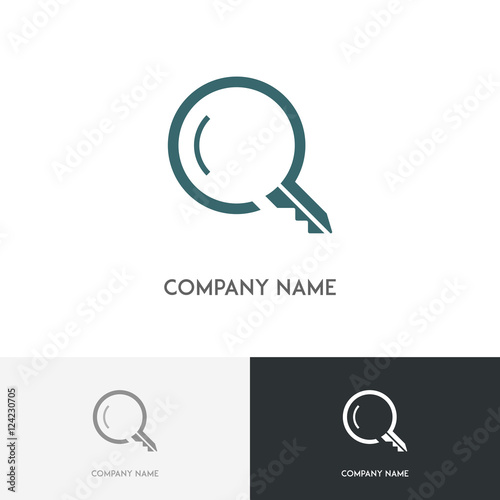 Real estate logo - search magnifier and key symbol on the white background