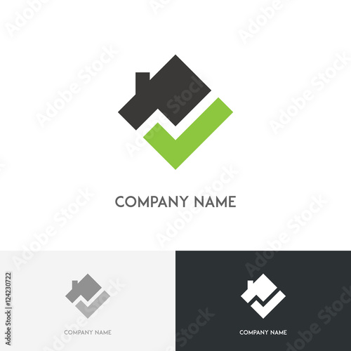 Real estate logo - house with chimney on the roof and check mark square symbol on the white background