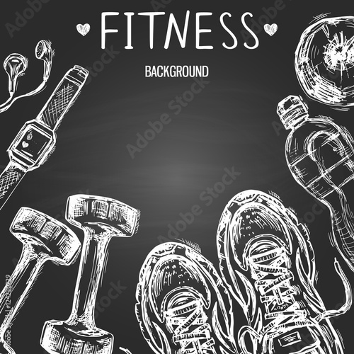 Template with hand drawn fitness items on black background.