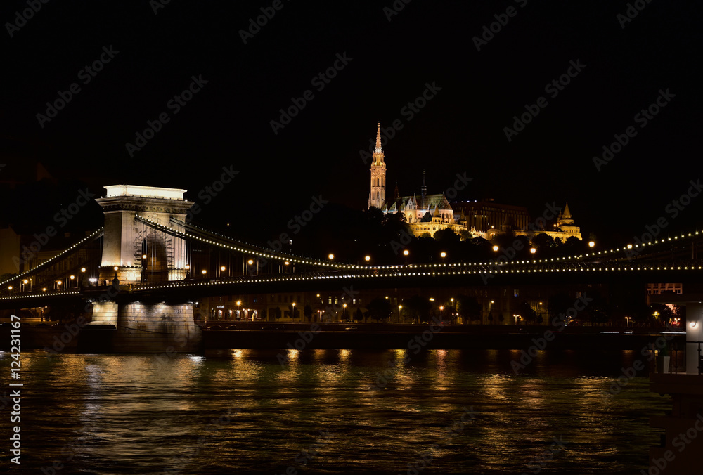 Night panorama of Budapest with Chain Bridge and Matthias Church