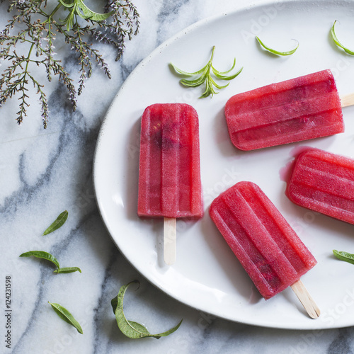 Raspberry lemon verbena popsicles. photo