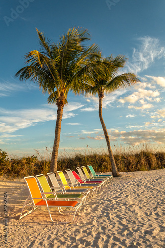 Colorful lounge chairs on the beach