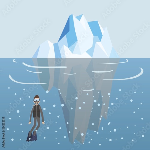 Scuba diver dive under large iceberg