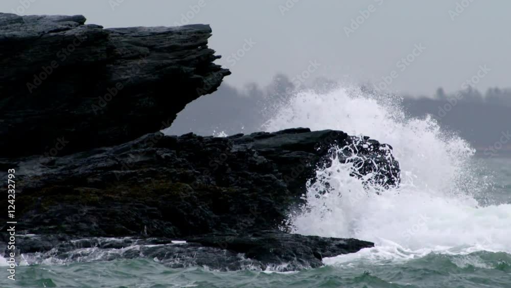 Slow motion of waves crashing on rocky shore