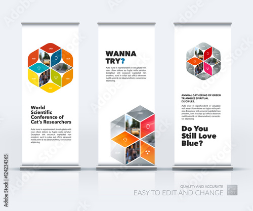 Vector set of modern roll up banner stand design with rhombus, r