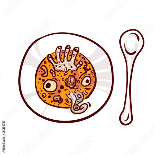 Soup with eyeballs, dead man hand and tentacle. Halloween dinner clip-art, isolated on white. Hand drawn sketchy icon, design element for halloween party invitation card