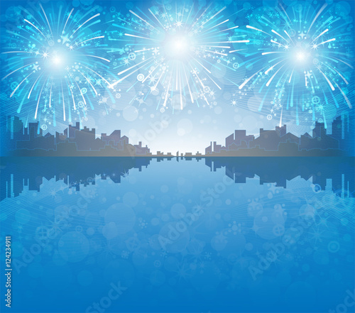 light day festive landscape, city and fireworks, vector background