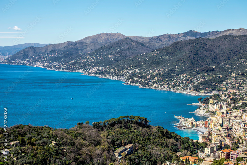 Ligurian coast over Camogli, Genoa, Italy, in a sunny day