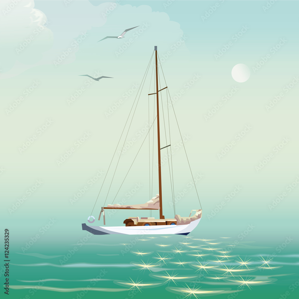 Naklejka premium yacht and sea, Morning sea and small boat