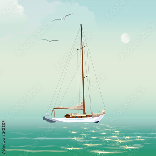 yacht and sea,
Morning sea and small boat