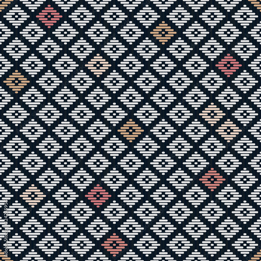 Seamless pattern. Japanese Kogin embroidery. Traditional ornament Hanako. Abstract illustration. Simple geometric ornament for a stitching. Contrast. Black background.