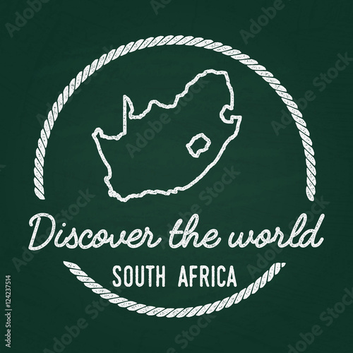 White chalk texture hipster insignia with Republic of South Africa map on a green blackboard. Grunge rubber seal with country outlines, vector illustration.