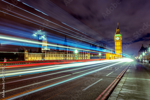 Night Scene with Cars' Tails in front of Big Ben on Westminster Bridge, London, UK