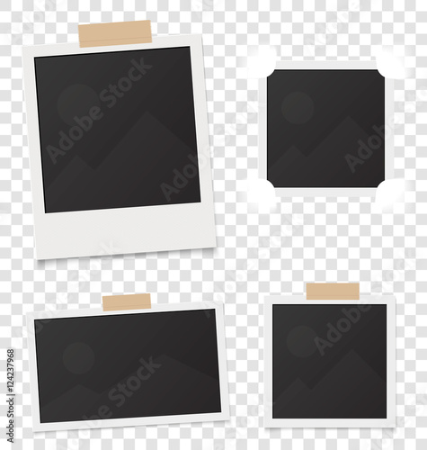 Collage of realistic blank instant photos isolated on sticky tape. Vector illustration set. Template retro photo design