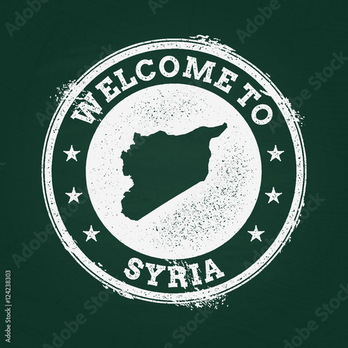 White chalk texture retro stamp with Syrian Arab Republic map on a green blackboard. Grunge rubber seal with country outlines, vector illustration.