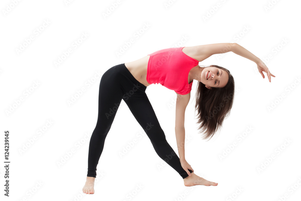 athletic girl doing hand exercises sitting on the splits