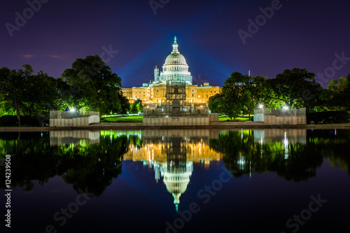The United States Capitol Building and Reflecting Pool at night,