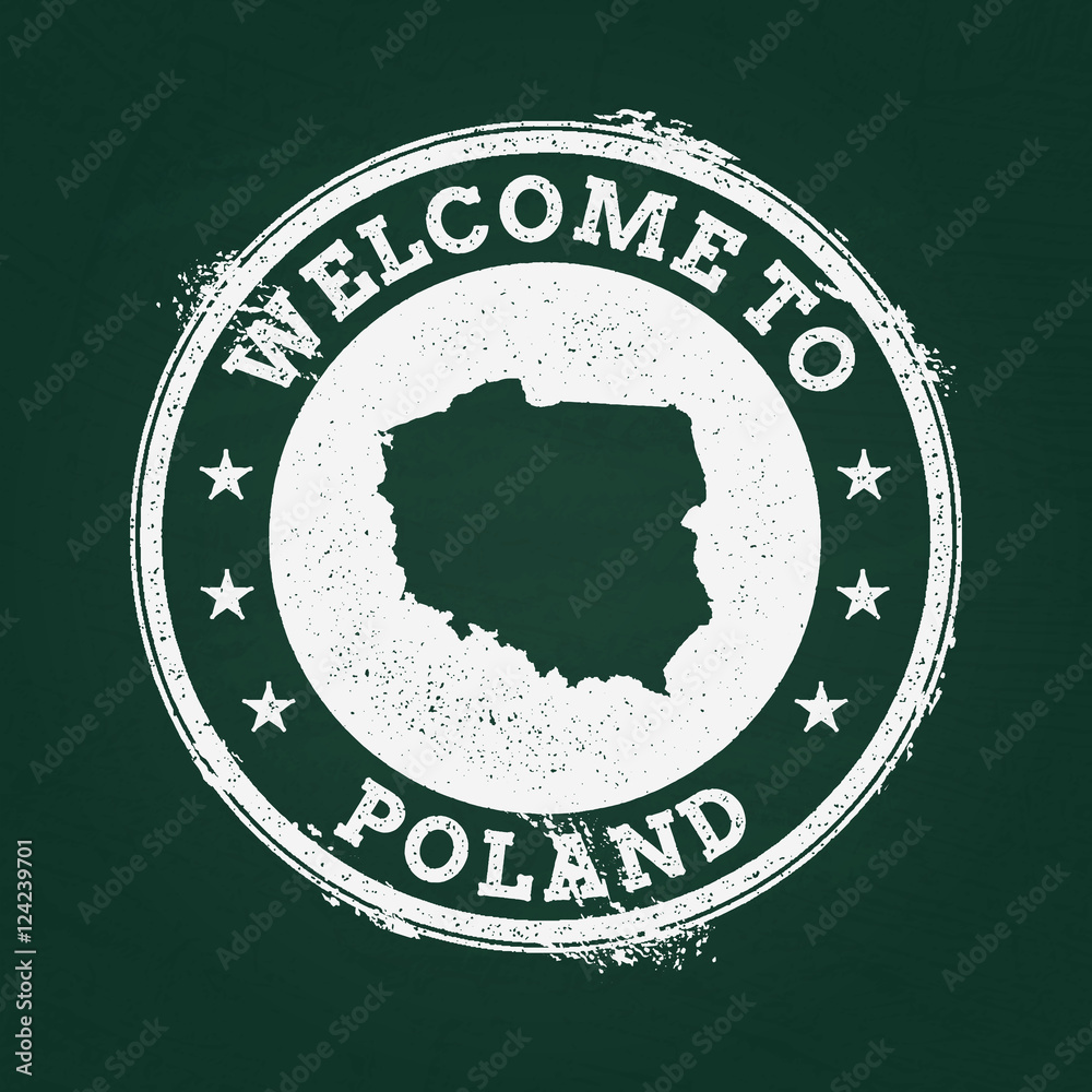 Naklejka premium White chalk texture retro stamp with Republic of Poland map on a green blackboard. Grunge rubber seal with country outlines, vector illustration.