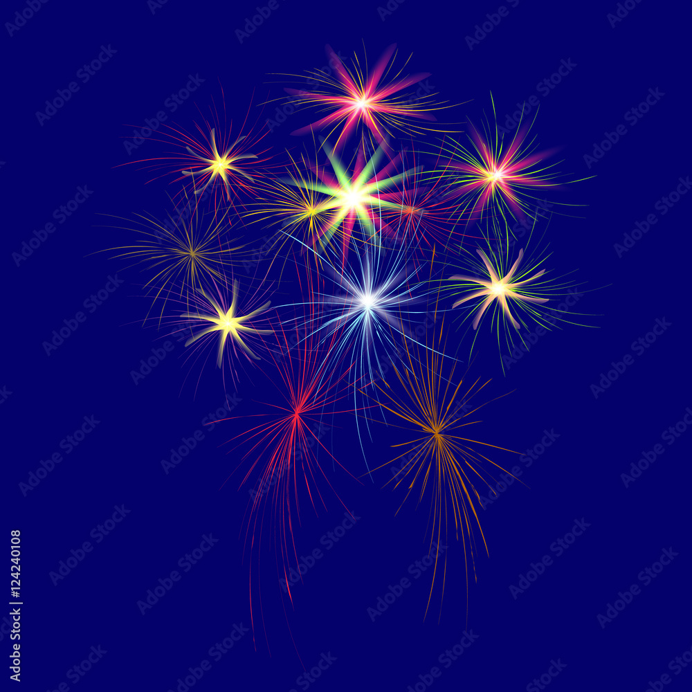 Festive, large, multi-colored fireworks on a blue background  illustration.