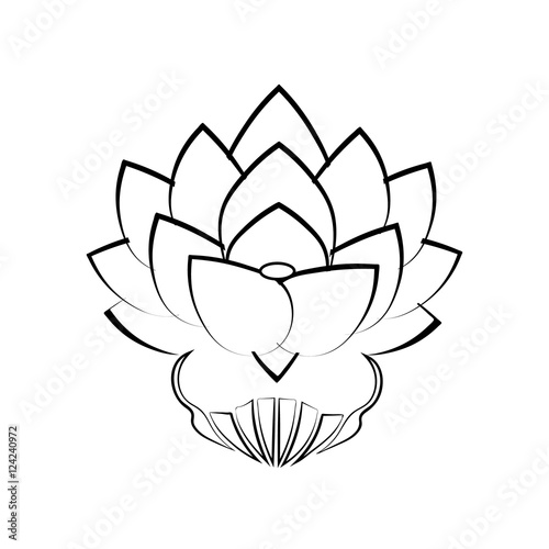 Black stylized image of a lotus flower on a white background, tattoo. The symbol of commitment to the Buddha in Japan
