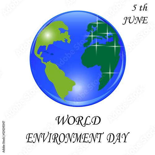 Blue planet with green continents. Stylized glossy ball. World environment Day.  illustration