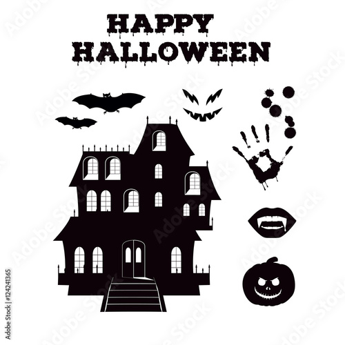 Happy Halloween silhouettes collection of related holiday objects. Black and white icons set traditional attributes.