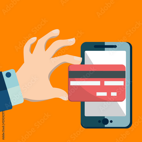 Mobile banking. Flat contour illustration of human hand paying by credit card via smartphone