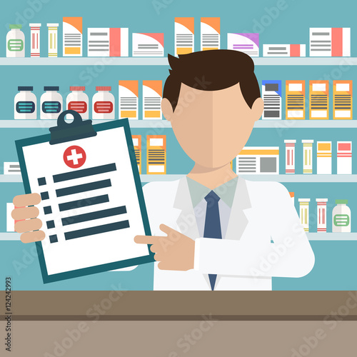 Modern flat vector illustration of a male pharmacist showing medicine description at the counter in a pharmacy opposite the shelves with medicines. Health care conceptual background