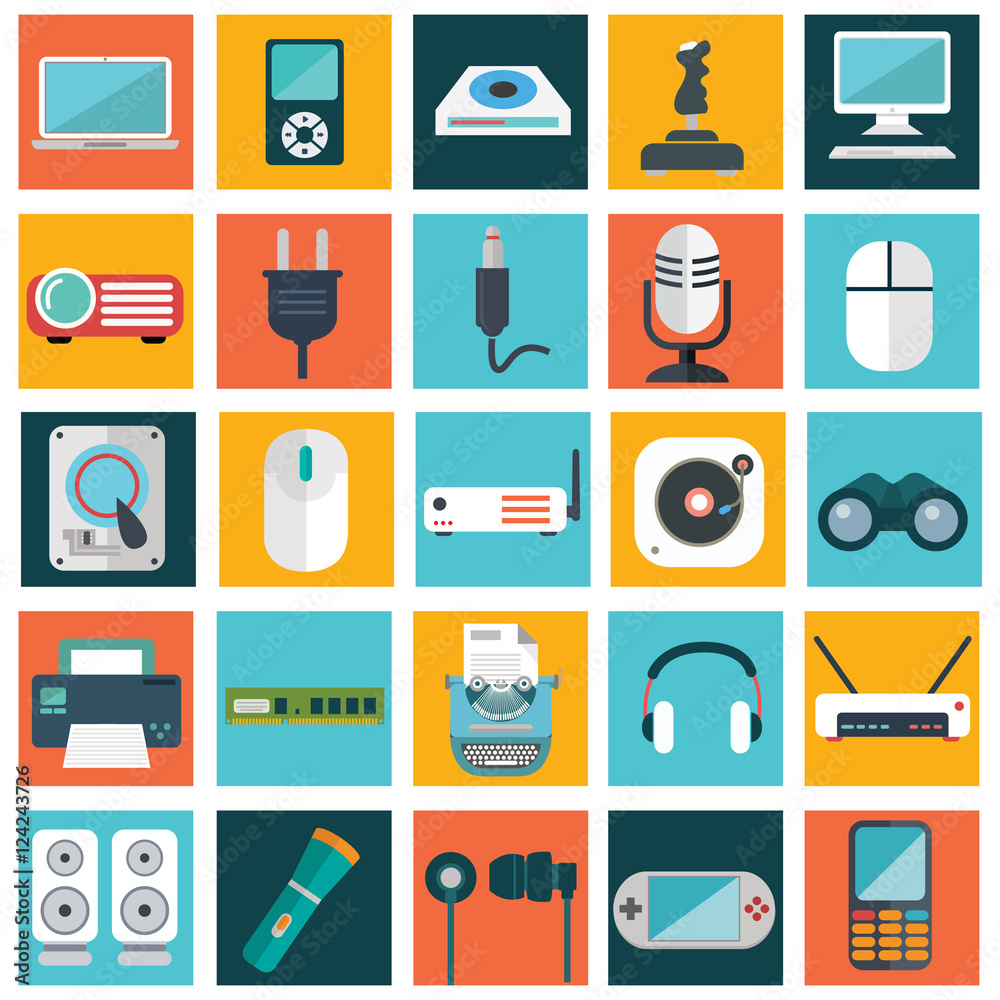 Computer technology and electronics devices, mobile phone communication and digital products. Flat design style modern pictogram collection. Computer technology and electronics devices, mobile phone communication and digital products. Flat design style modern pictogram collection.