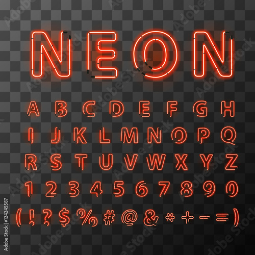 Bright red Neon letters font on transparent background.