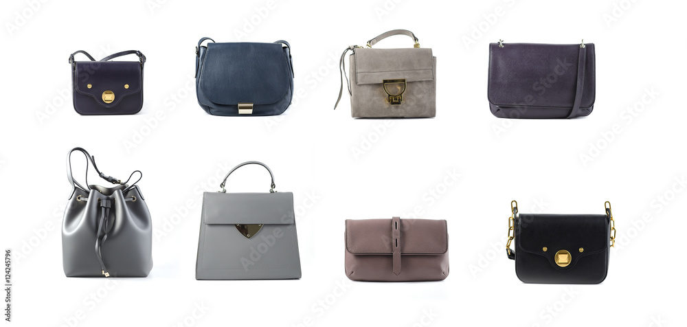 group of color leather women handbags isolated on white background group of color leather women handbags isolated on white background