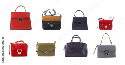 group of color leather women handbags isolated on white background