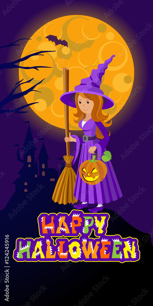 Halloween illustration of mysterious night landscape with castle moon and witch. Template for your design. Vector drawing.