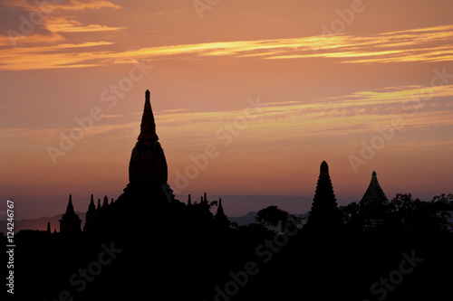 Amazing sunset colors and silhouettes of ancient Buddhist Temples at Bagan Kingdom  Myanmar  Burma . Travel landscape and destinations