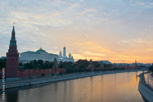 views of the Kremlin across the river at sunrise