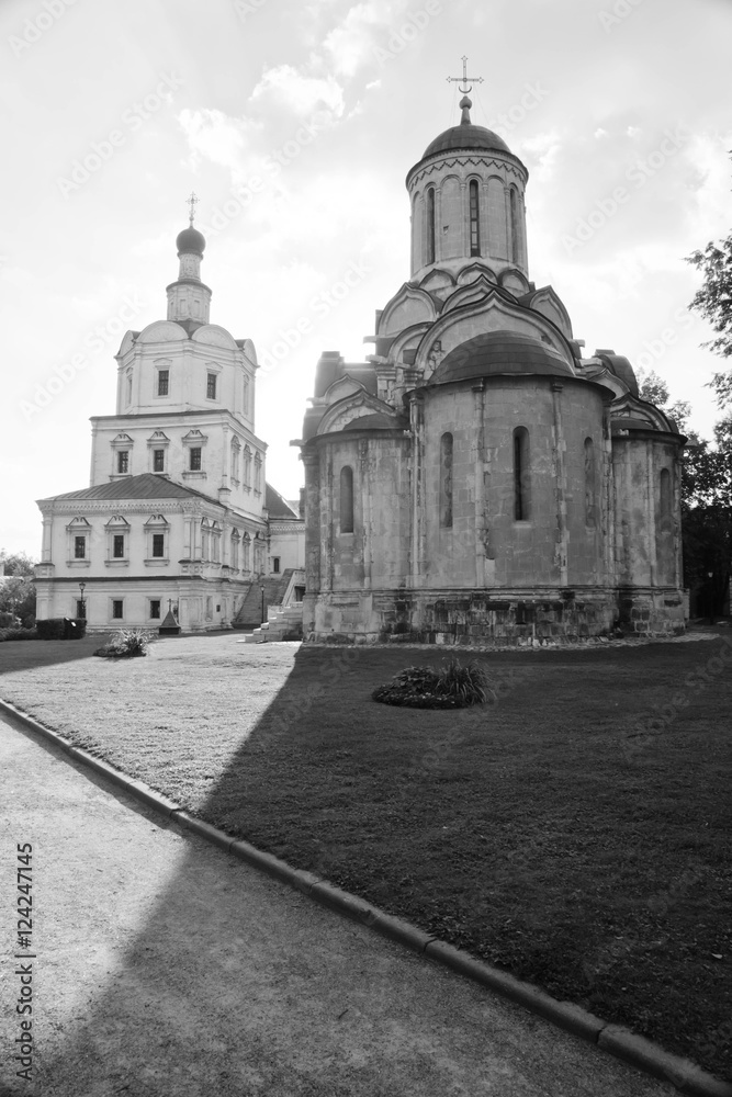 old stone church in monastery in the afternoon black and white