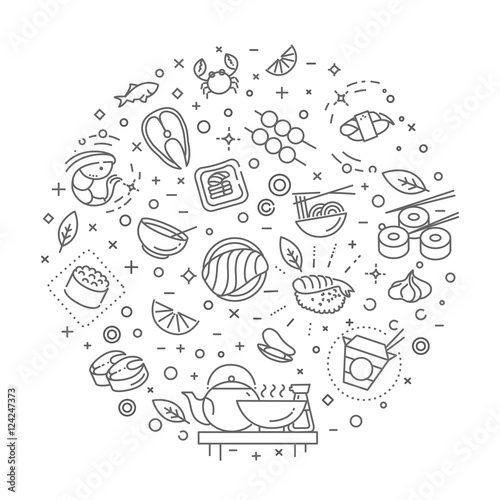 Sushi, seafood outline symbols. Vector illustration