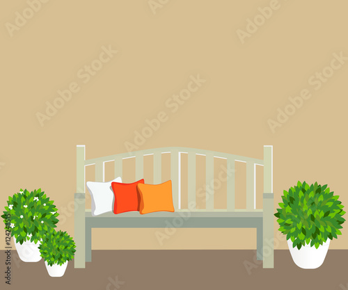 bench with flowerpots and window