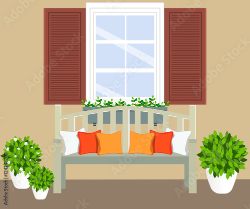 bench with flowerpots and window