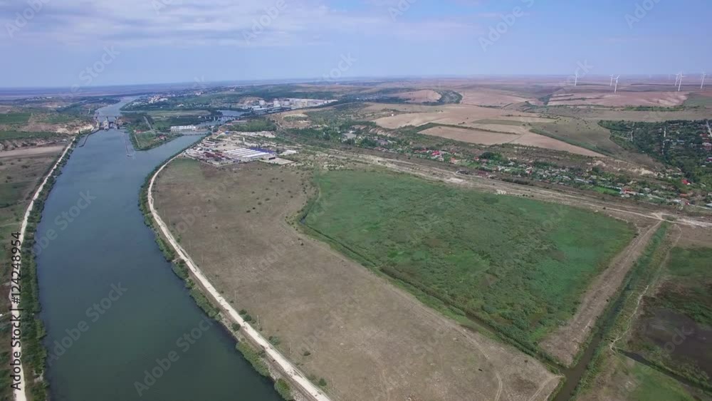 Aerial view of Danube river and windmills, Cernavoda, Romania Aerial view of Danube river and windmills, Cernavoda, Romania