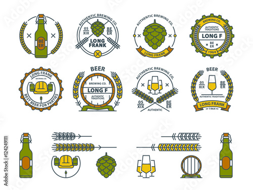 Outline colorful vector beer emblems, symbols, icons, pub labels, badges collection.