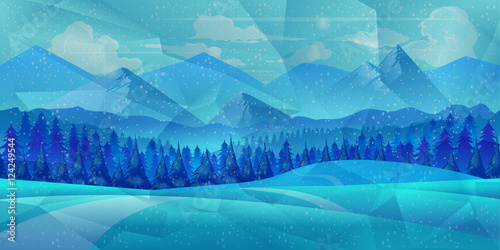 Winter low poly background with road and polygonal firs trees. Landscape season, frost outdoor snowfall, vector illustration