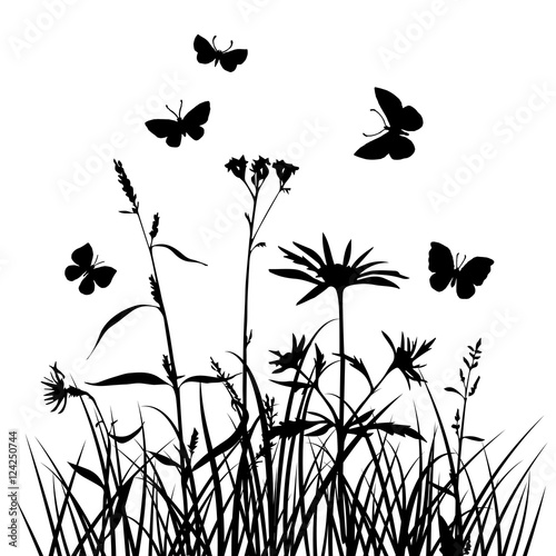 vector silhouettes of flowers and grass with butterflies