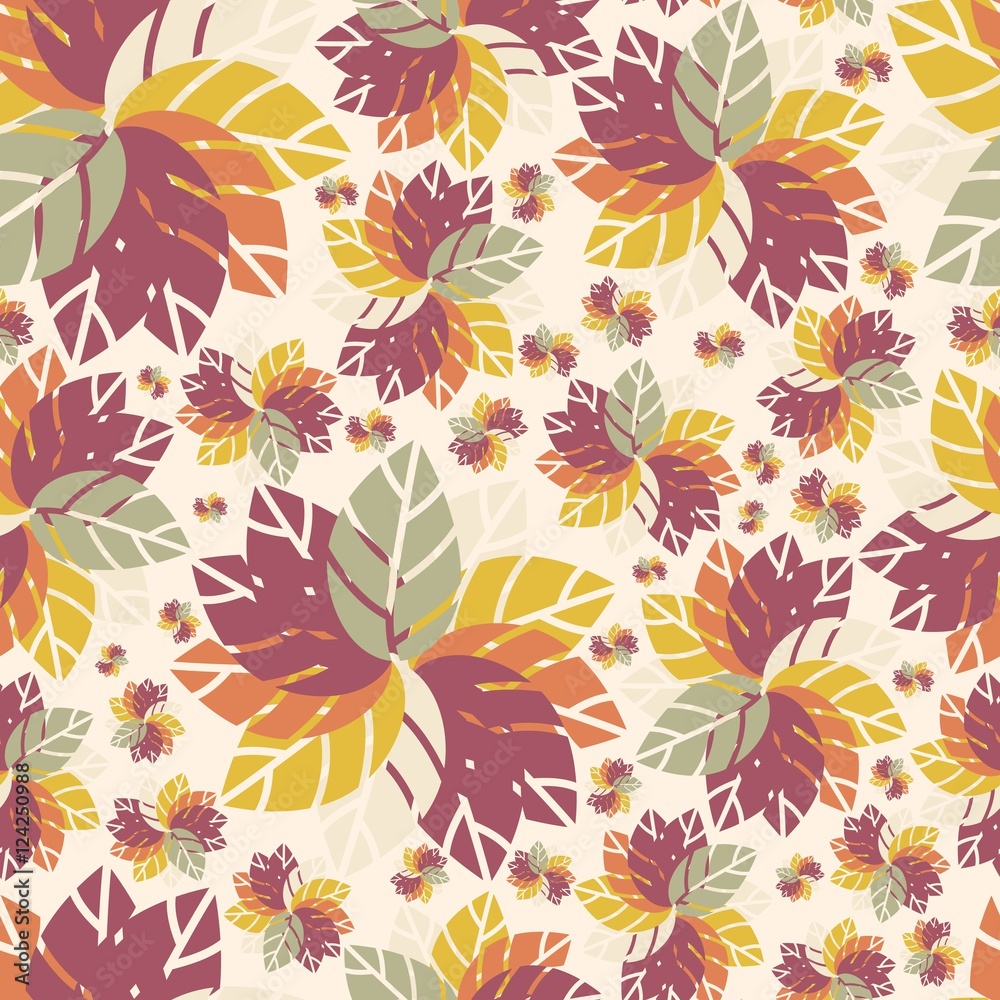 Beautiful floral seamless pattern. Autumn. Flowers. Bright leaves. Retro pattern