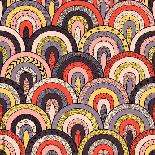 Tribal seamless pattern, indian or african ethnic patchwork style. Round tiles with hand drawn texture.