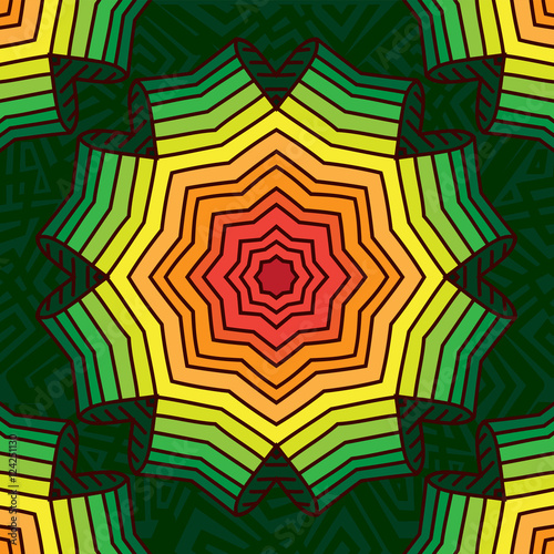 Colorful geometric pattern, mandala. Reggae style, wheel, rainbow, gradient.